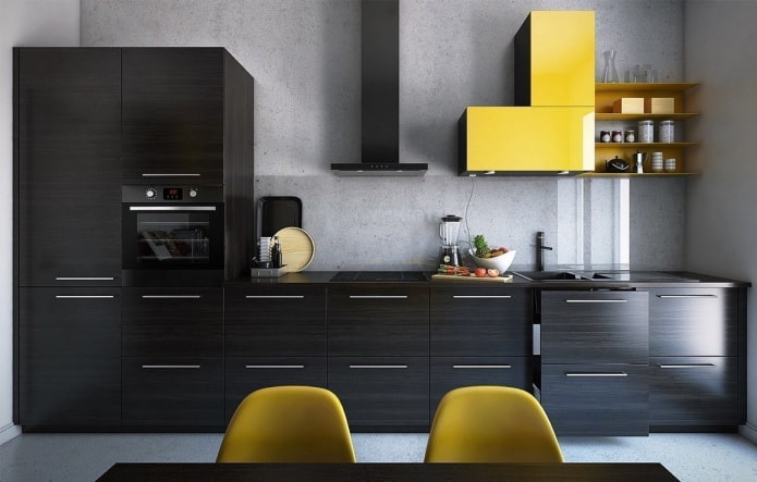 εσωτερικό κουζίνα σε γκρι-μαύρα χρώματα
