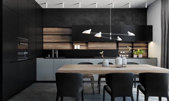 pilkos ir juodos spalvos virtuvės interjeras