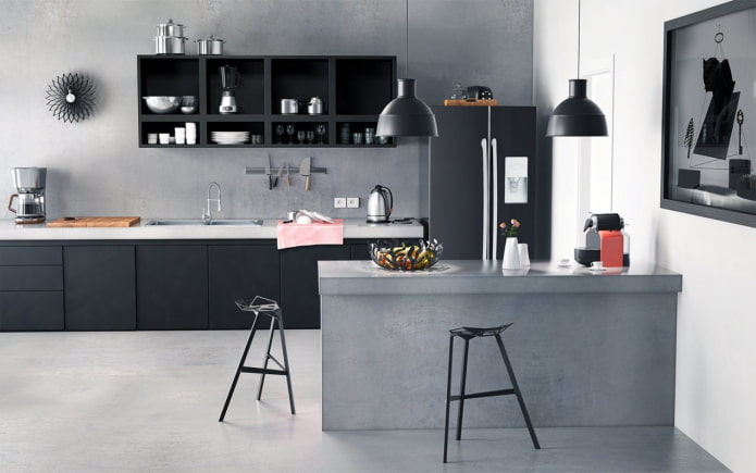 εσωτερικό κουζίνα σε γκρι-μαύρα χρώματα
