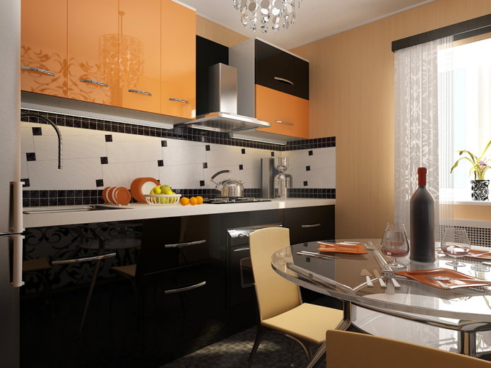 interiorul bucătăriei negru și portocaliu