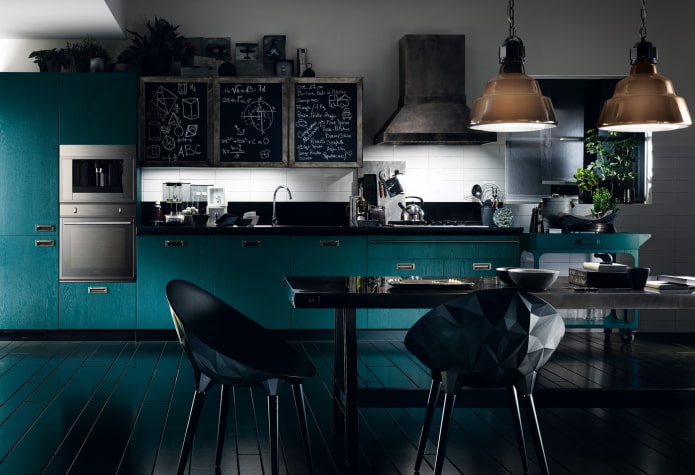 intérieur de cuisine noir et turquoise