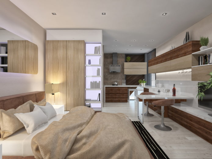 diseño de interiores de cocina-dormitorio