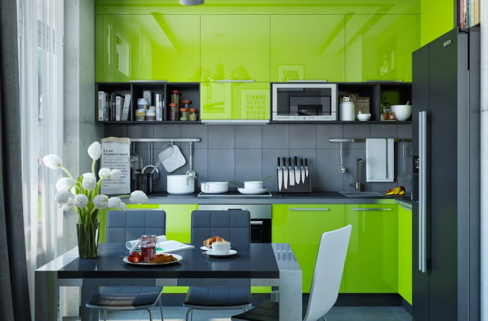 dalaman dapur dengan nada kelabu dan hijau muda