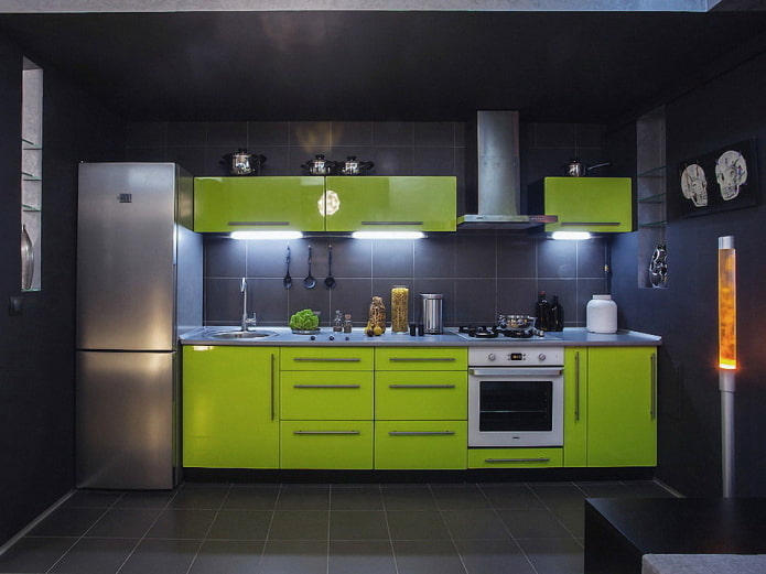 fekete és világos zöld konyha belső