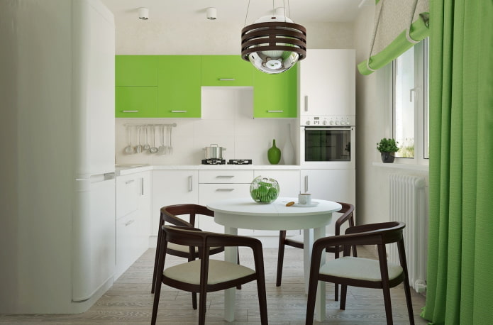 oświetlenie i dekoracje we wnętrzu kuchni w jasnych odcieniach zieleni