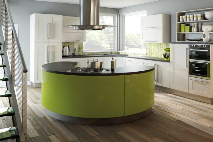 šviesiai žalios spalvos modernaus stiliaus virtuvės interjeras