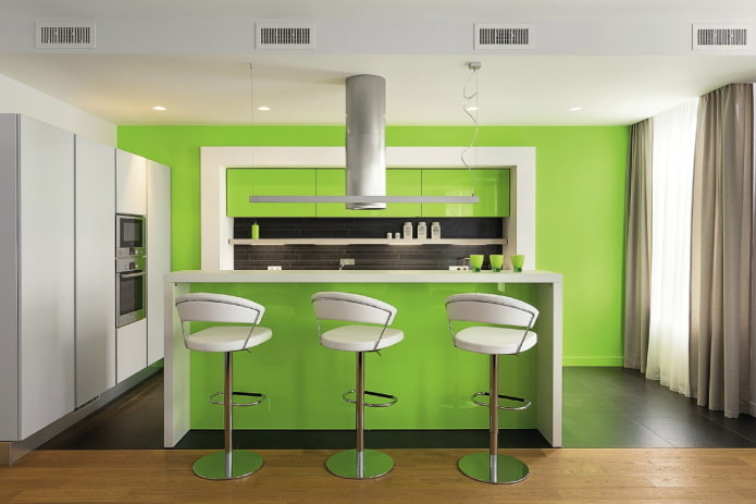 meubles et électroménagers à l'intérieur de la cuisine dans des tons vert clair