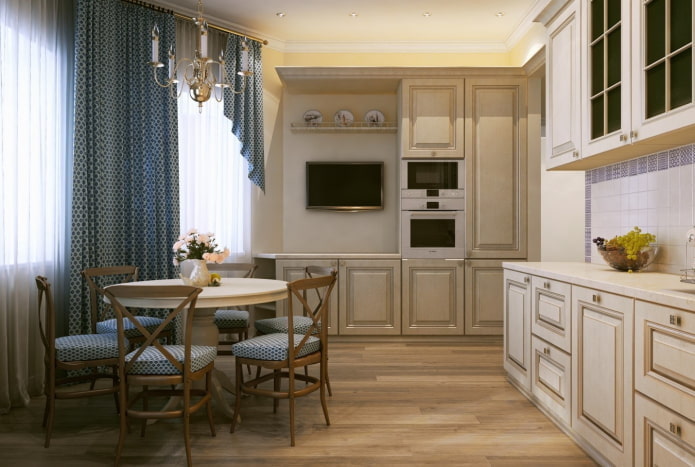 rideaux à l'intérieur de la cuisine dans des couleurs beiges
