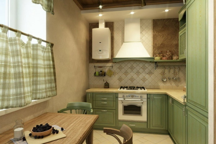 wnętrze kuchni w odcieniach beżu i zieleni