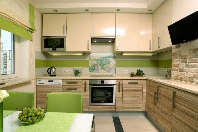 intérieur de la cuisine dans les tons beige et vert