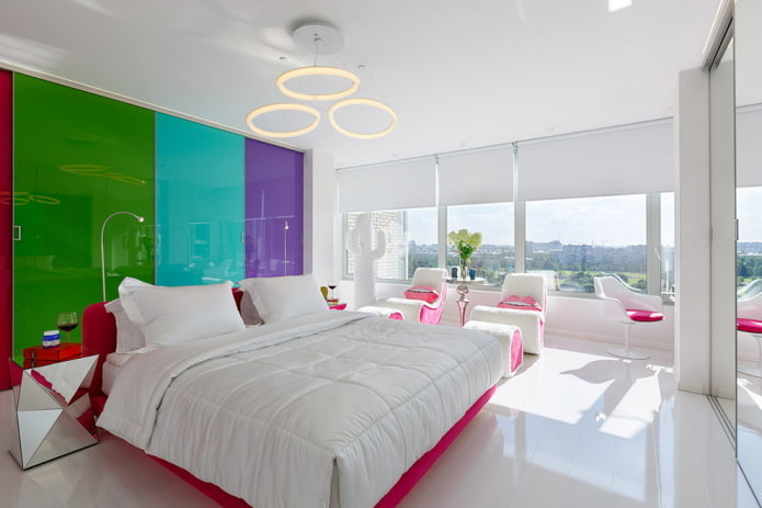 white bedroom with bright accents