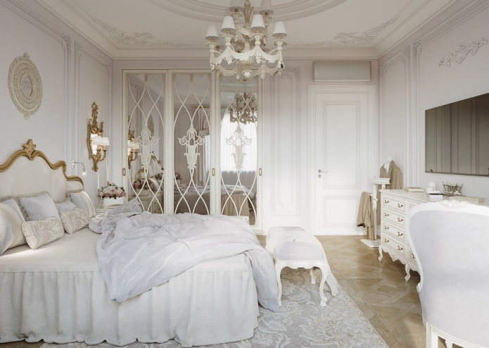 dalaman bilik tidur putih dalam gaya klasik