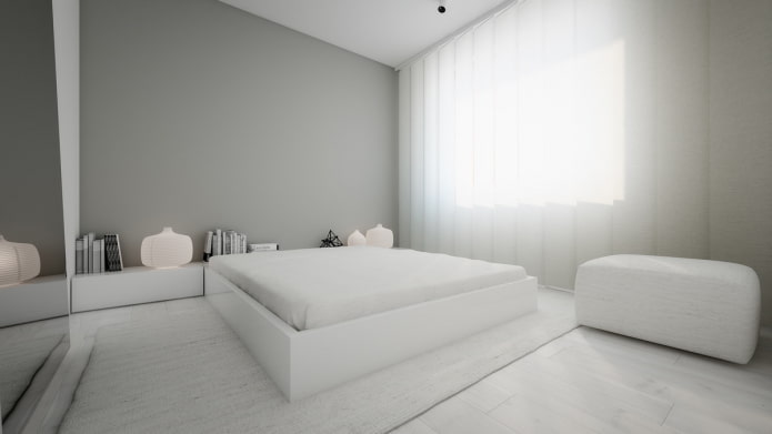 hálószoba belső fehér és szürke árnyalatai