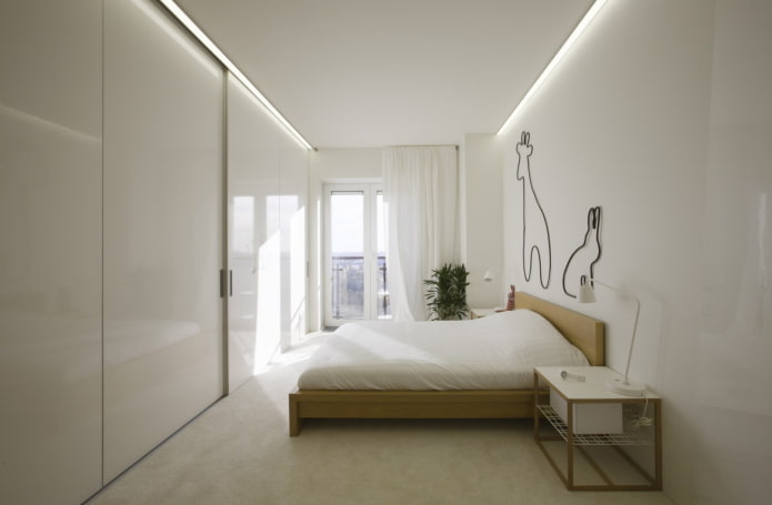 šauras guļamistabas minimālisma stila istaba