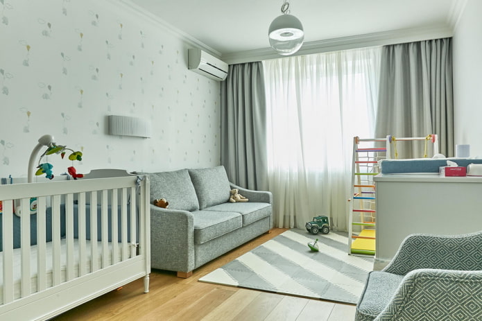the color scheme in the design of the nursery for the baby