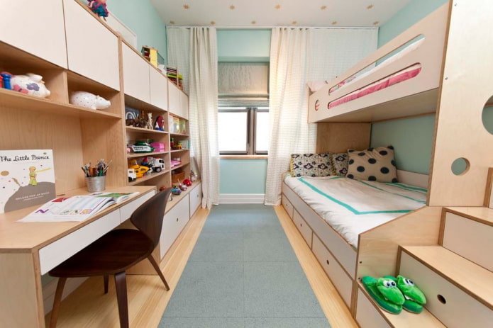 zoneamento e layout de um quarto para crianças heterossexuais