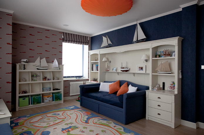 color design of a children's bedroom in marine style