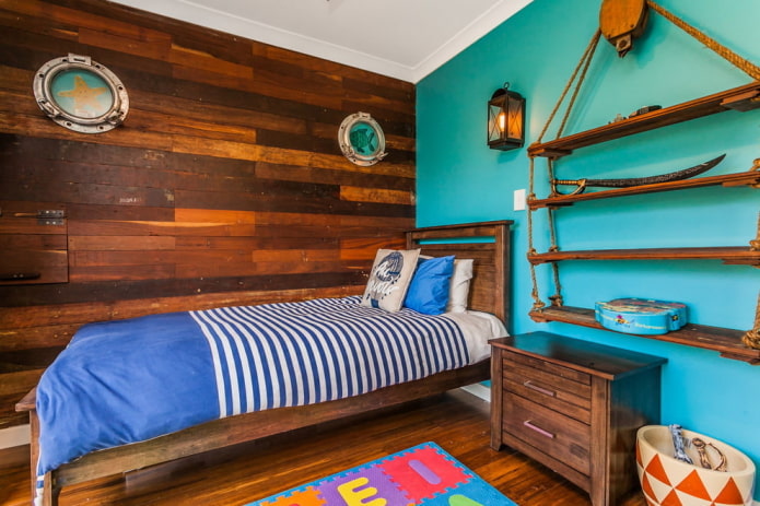 färg design av ett barns sovrum i marin stil