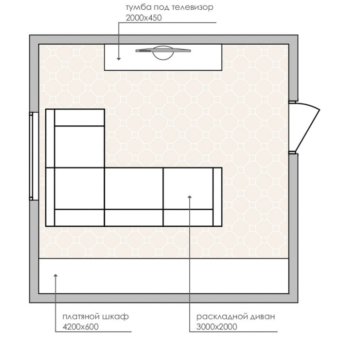 layoutschema för ett litet vardagsrum med hörnsoffa