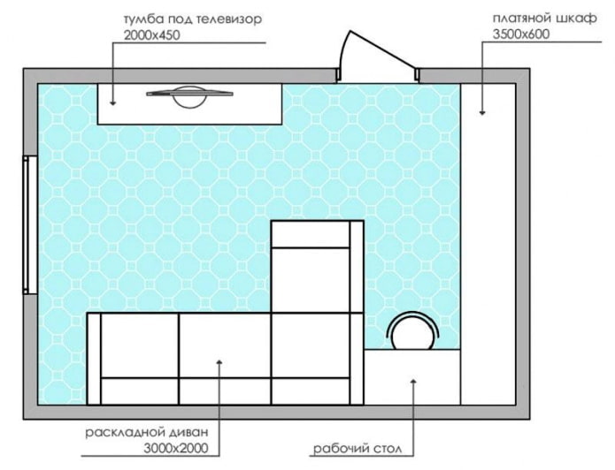 esquema de layout de uma pequena sala de estar com sofá de canto