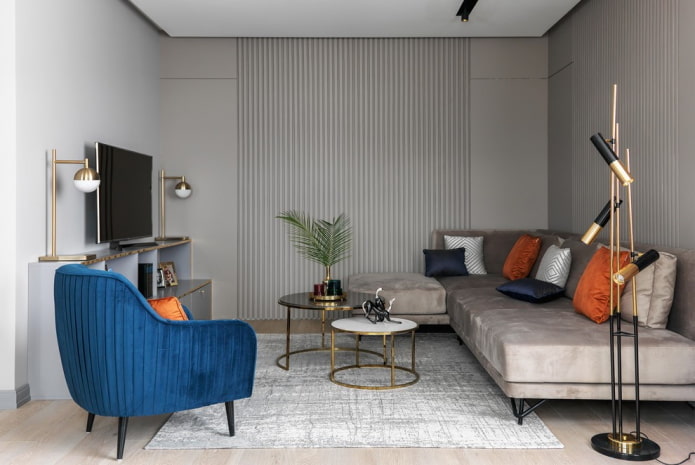 dizajn interiéru obývacej izby v šedých odtieňoch