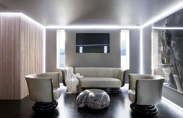 interior of a gray high-tech style living room
