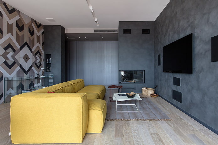 design de interiores da sala de estar em tons de cinza