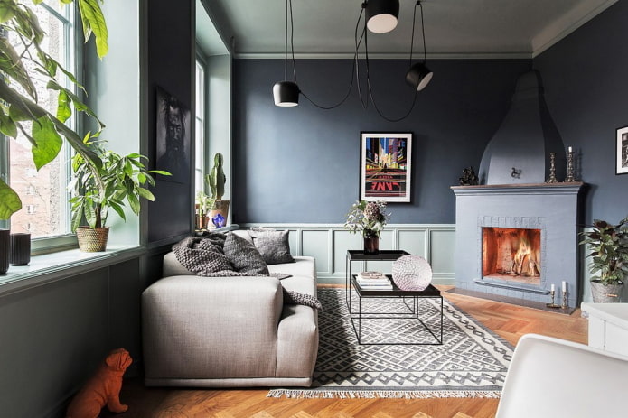 interior design del soggiorno in tonalità di grigio