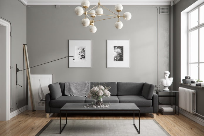 diseño interior de la sala de estar en tonos grises