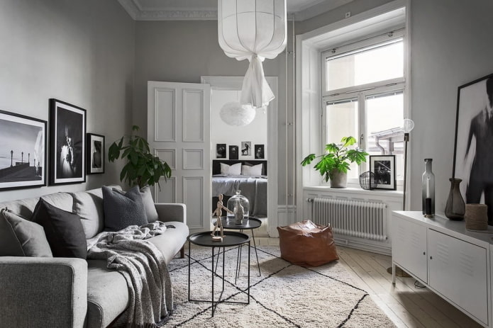 Skandinavisk stil grå stue interiør