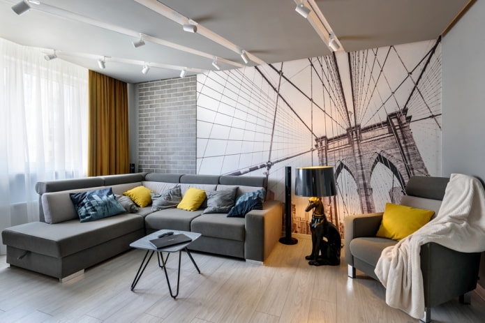Wall mural in a gray living room