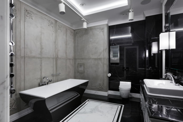 melns un pelēks vannas istabas interjers