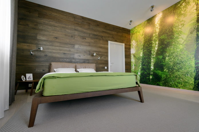 interior de dormitorio marrón-verde