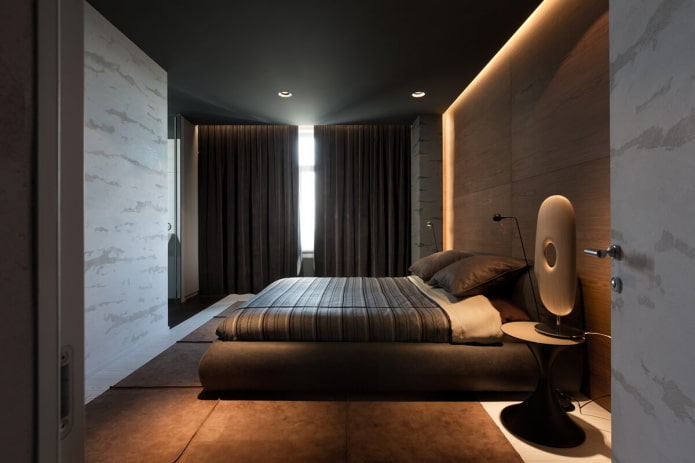 minimalistisk brun soverom interiør