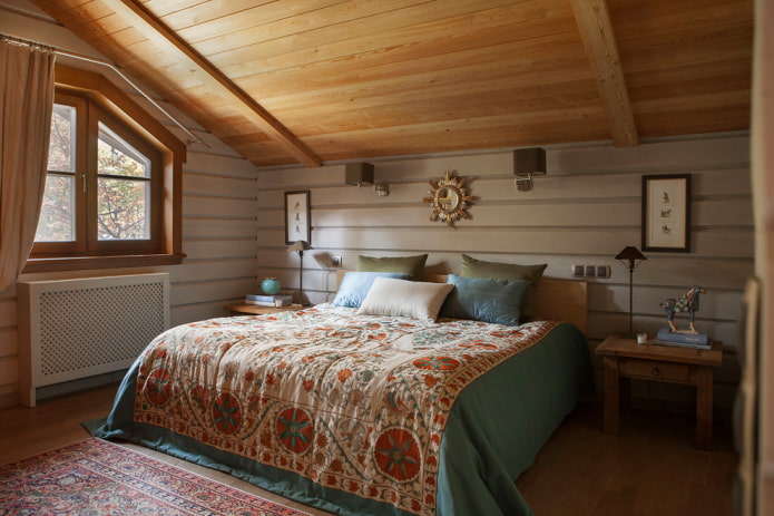 tekstil og indretning i et soveværelse i landlig stil