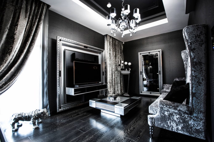 Čierna a strieborná obývacia izba