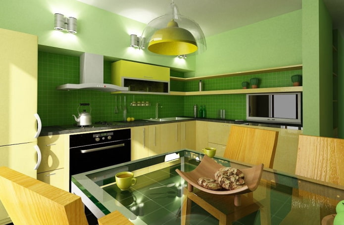 κίτρινο-πράσινο εσωτερικό της κουζίνας