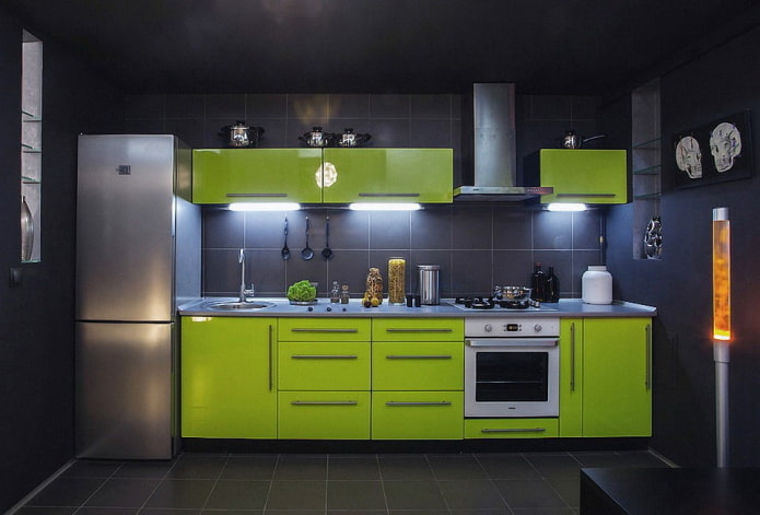 черен и зелен интериор на кухнята