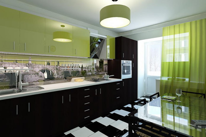 Innenausstattung der schwarzen und grünen Küche