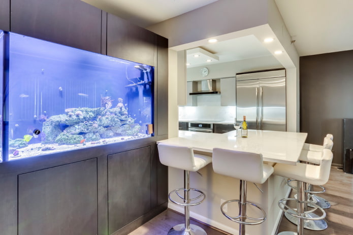 interior da cozinha com aquário