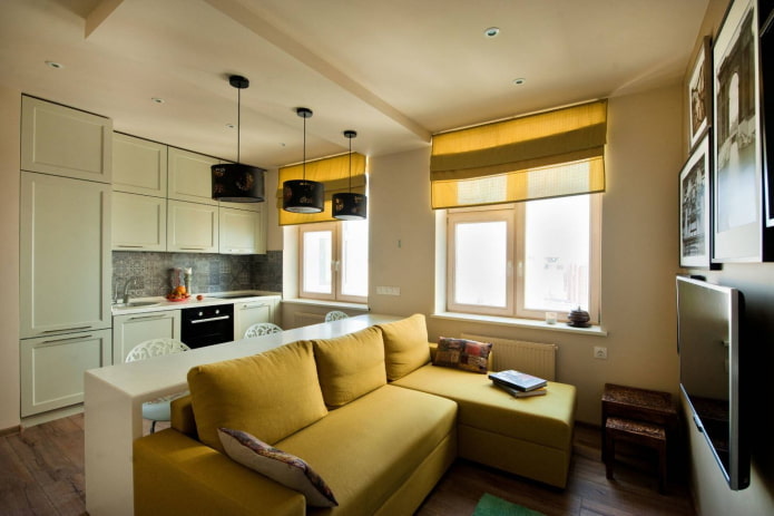 zonificación de la cocina-sala de estar con un área de 20 cuadrados