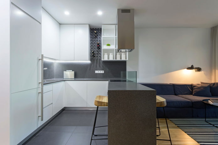 minimalistisk kjøkken-stue