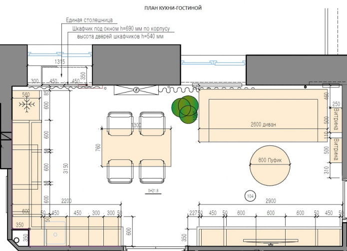 plan för kök-vardagsrummet med storlek och distribution av möbler