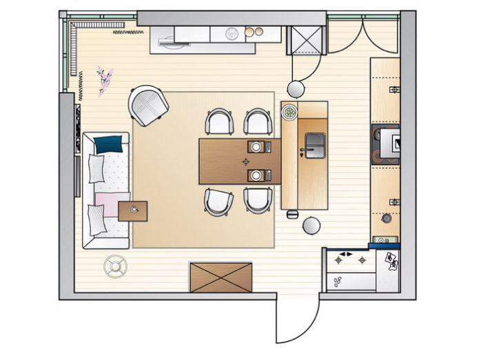 Beispiel für die Anordnung von Möbeln in einer kombinierten Küche mit Wohnzimmer