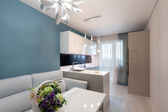 proiectarea unei camere de living cu bucătărie dreptunghiulară