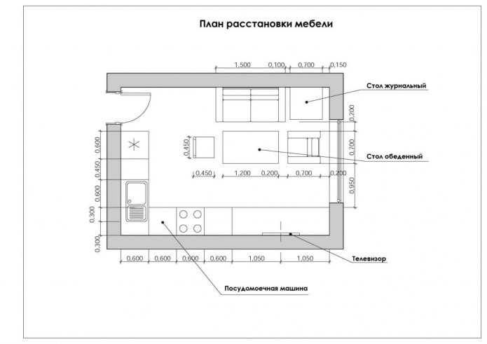 layout af køkken-opholdsstue på 12 firkanter