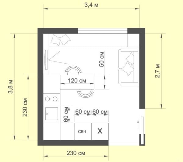 layout of the kitchen-living area of ​​12 squares