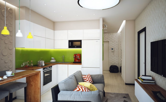 Decoración de la cocina-sala de estar en un estilo moderno.