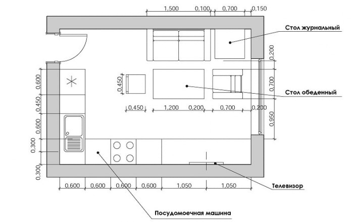 layout di una piccola cucina-soggiorno