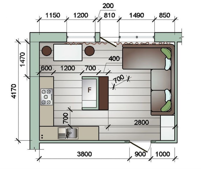 layout de uma pequena sala de cozinha